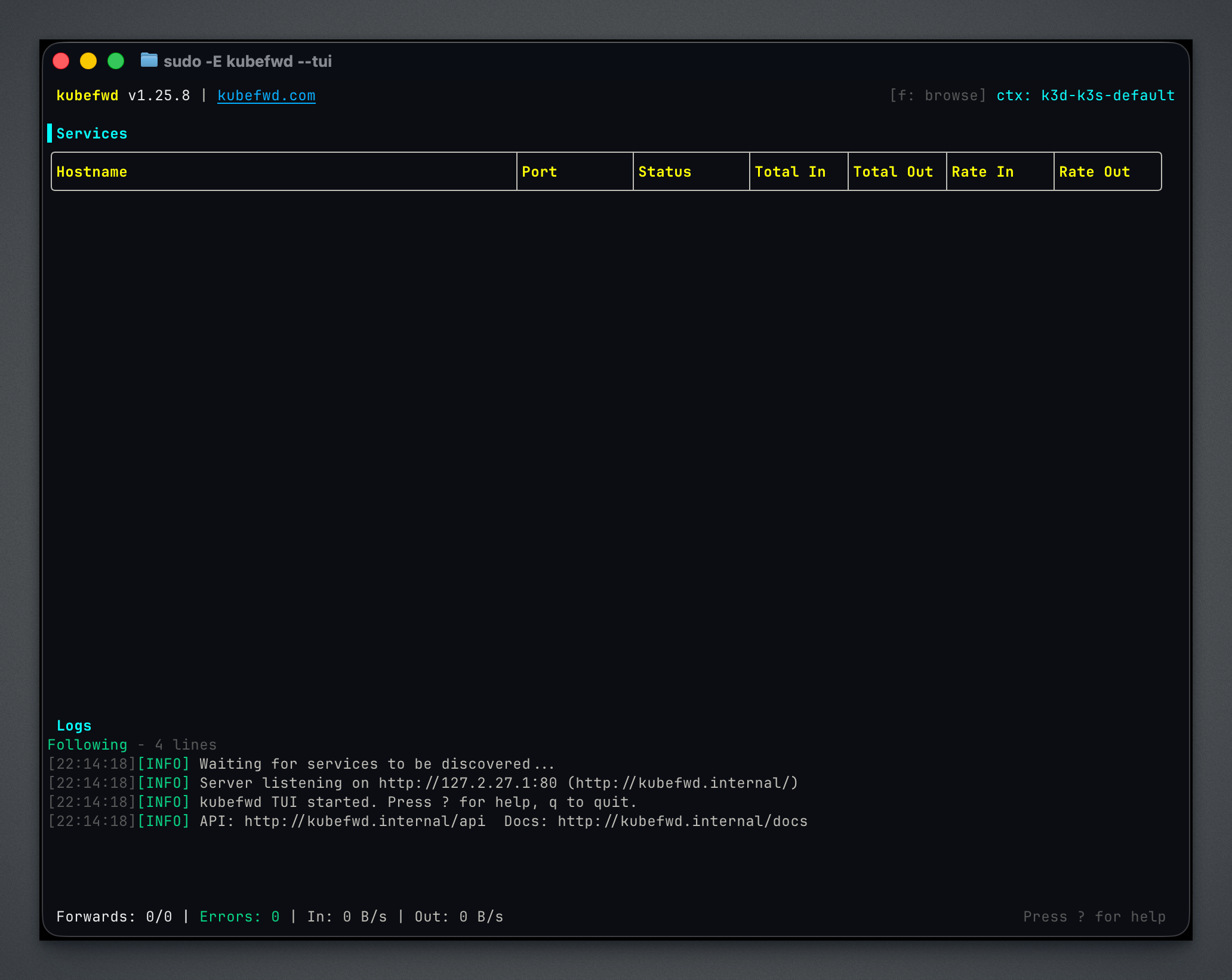 kubefwd TUI idle mode