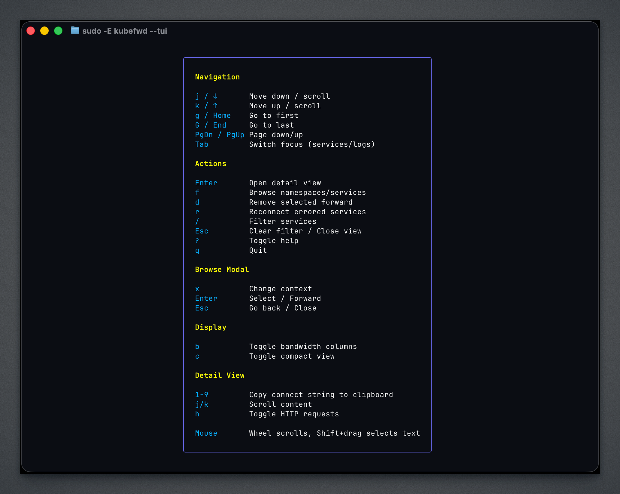 kubefwd TUI help overlay
