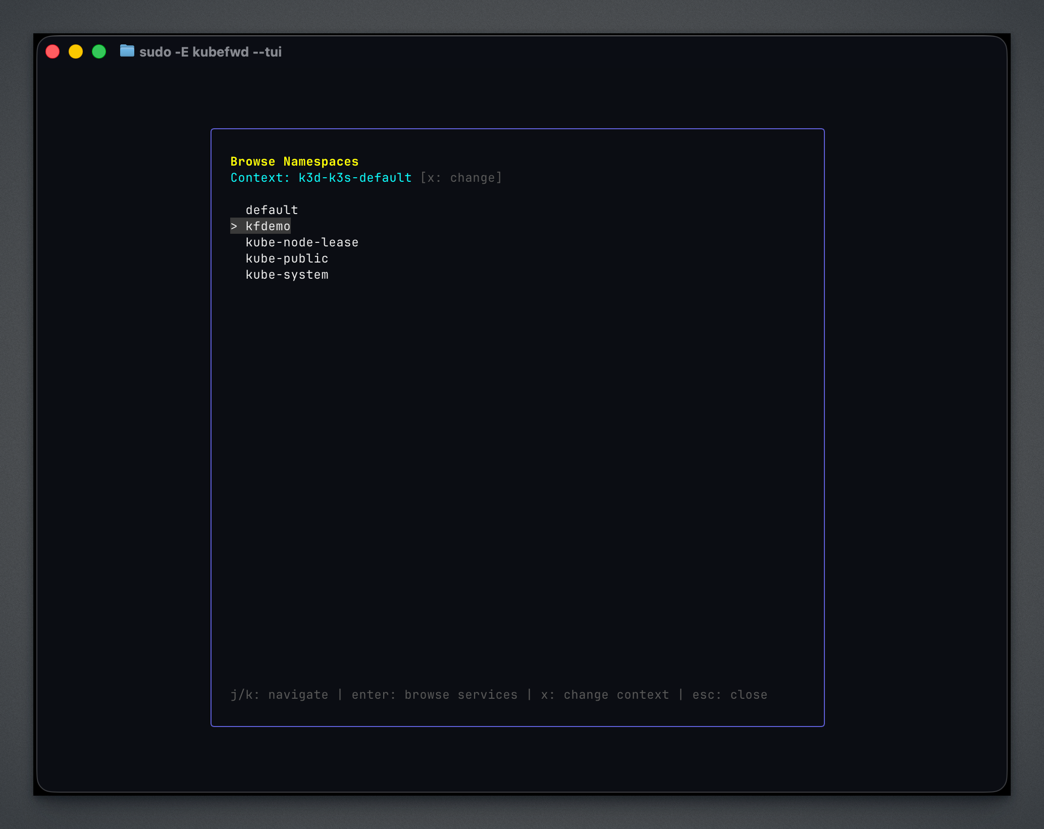 kubefwd TUI browse namespaces