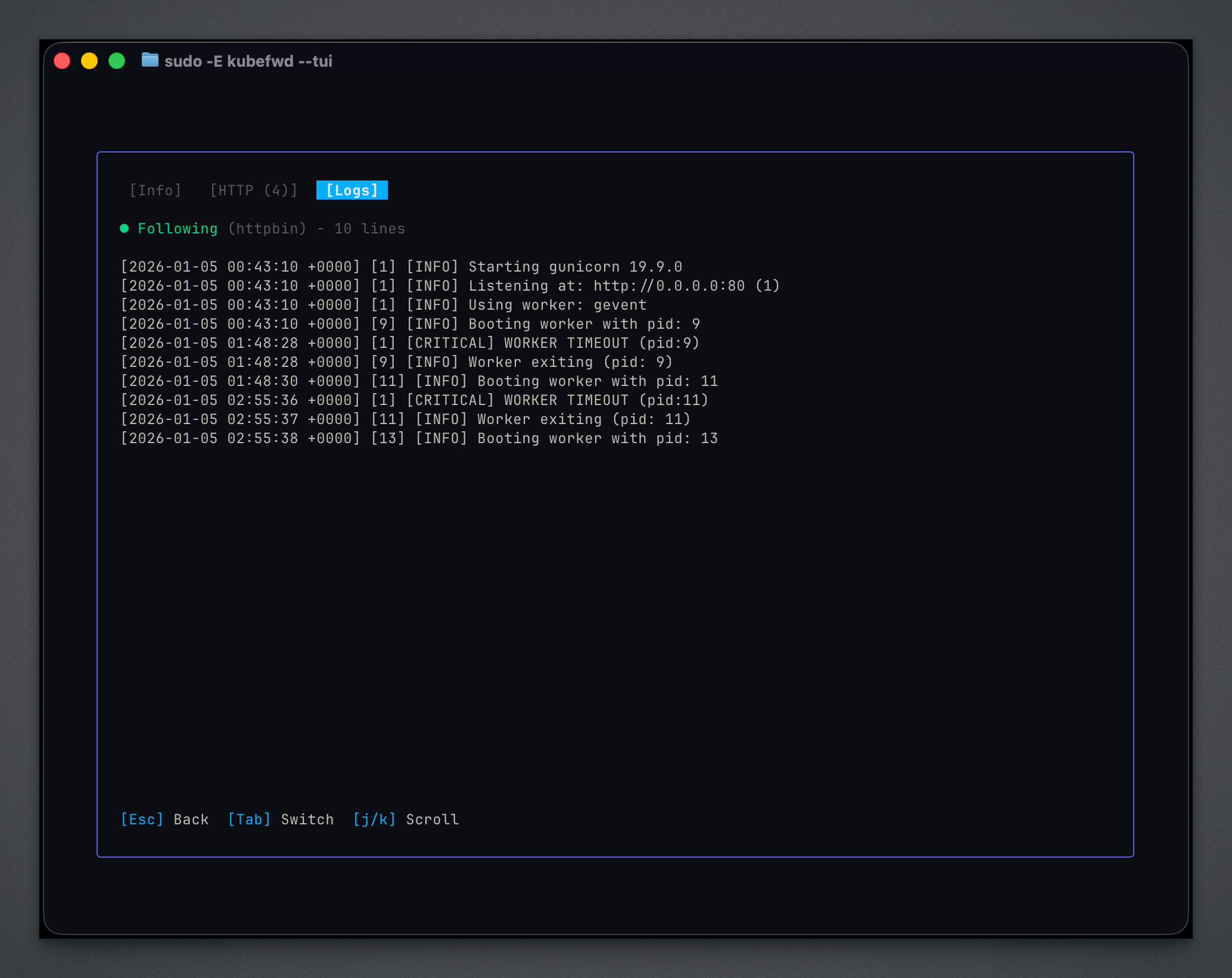 kubefwd TUI service detail with pod logs