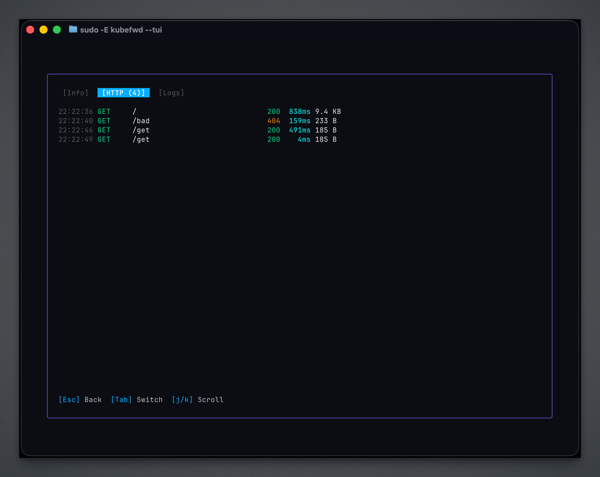 kubefwd TUI service detail with HTTP requests