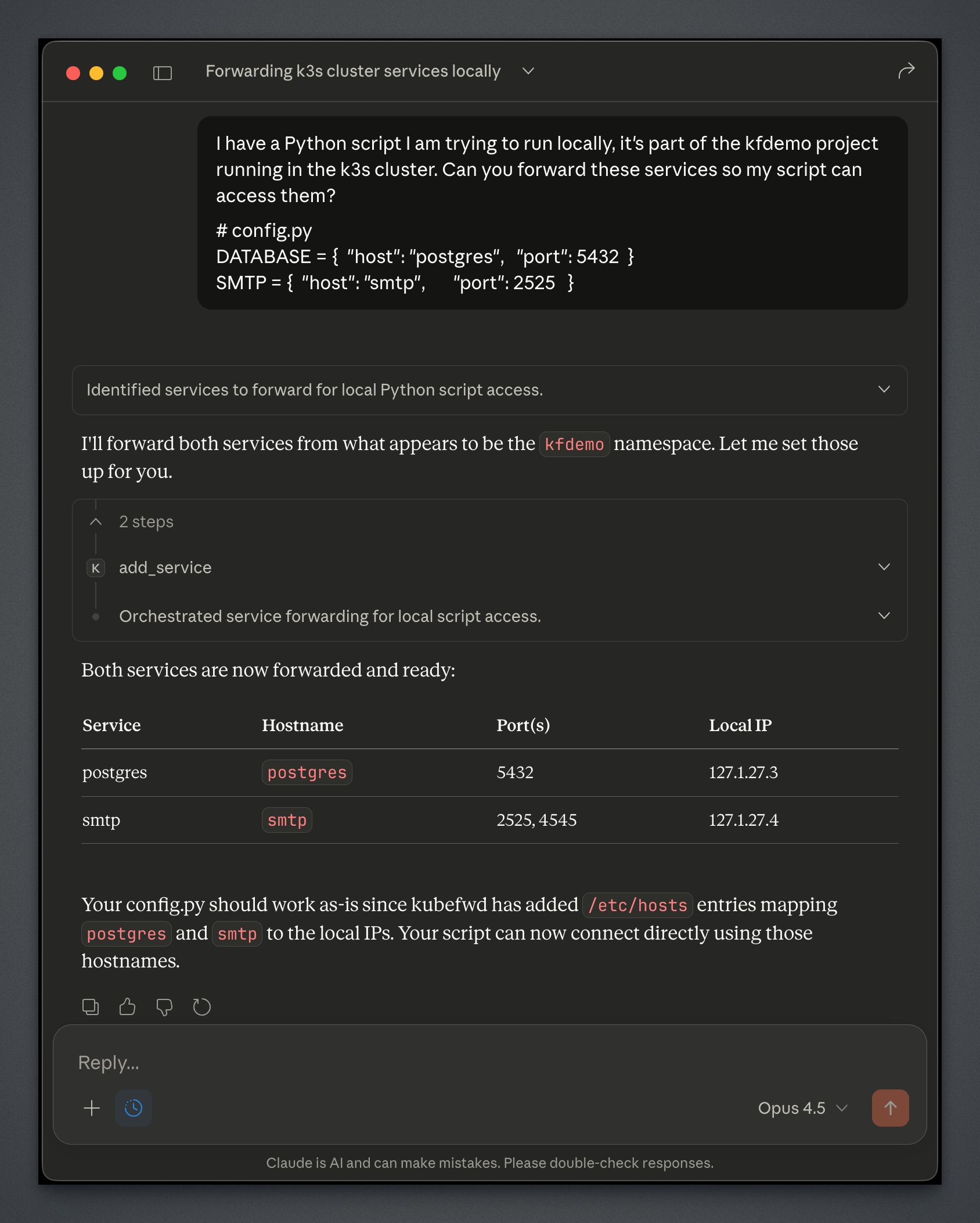 Claude Desktop with kubefwd MCP