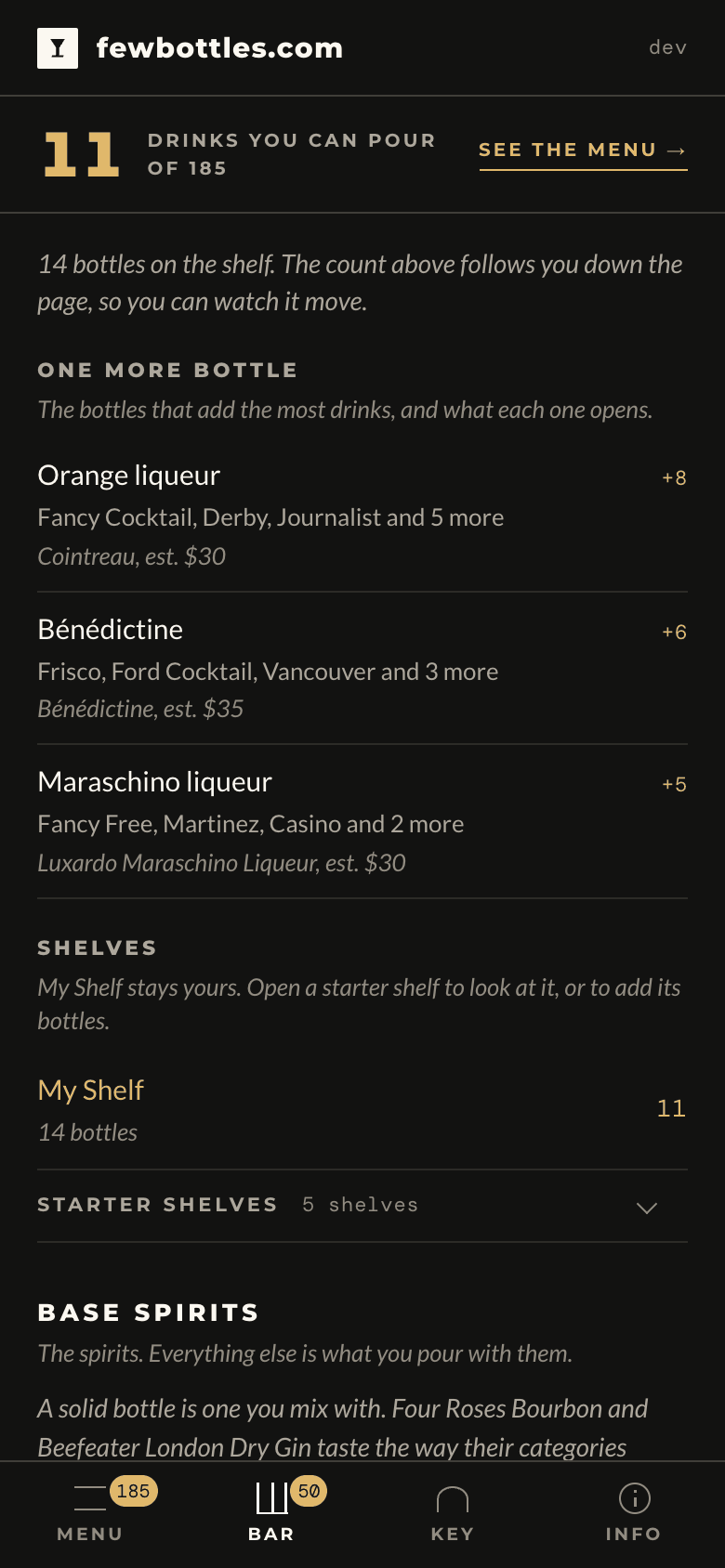 The Bar tab on a phone: 11 drinks from 14 bottles, and One more bottle listing orange liqueur at +8, Bénédictine at +6, maraschino at +5.